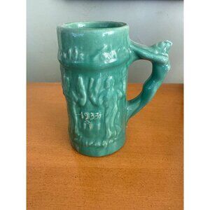 Vintage 1933 Green Ceramic Stein With Grapevine & Female Figure Handle